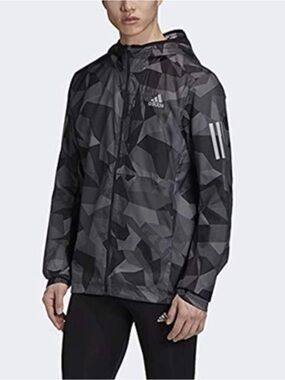 Adidas Own The Run Black & Gray Geometric Camo Running Windbreaker Jacket